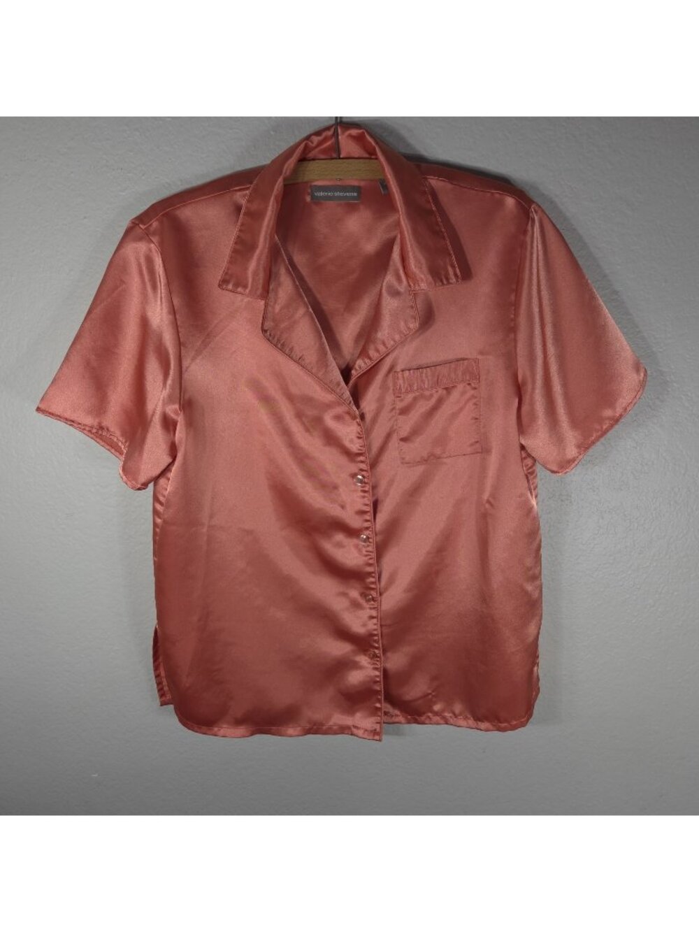 Valerie Stevens Orange Satin Button-Up Blouse Women’s Size M Short Sleeves